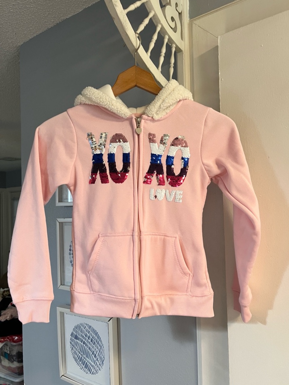 Kids Pink Sequin 'XOXO Love' Hooded Zip Jacket Size M 10-12